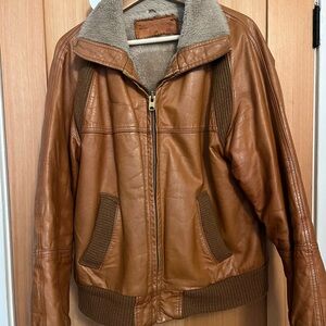 Vintage William Barry Tan Leather Bomber Jacket with Sherpa Collar